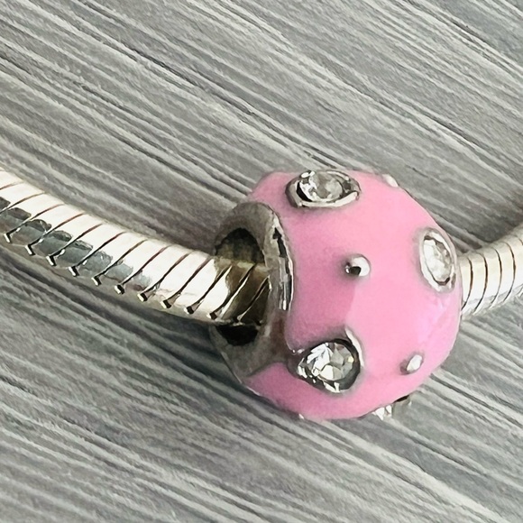 Pink enamel & clear crystal silver plated Bracelet charm - Picture 4 of 5
